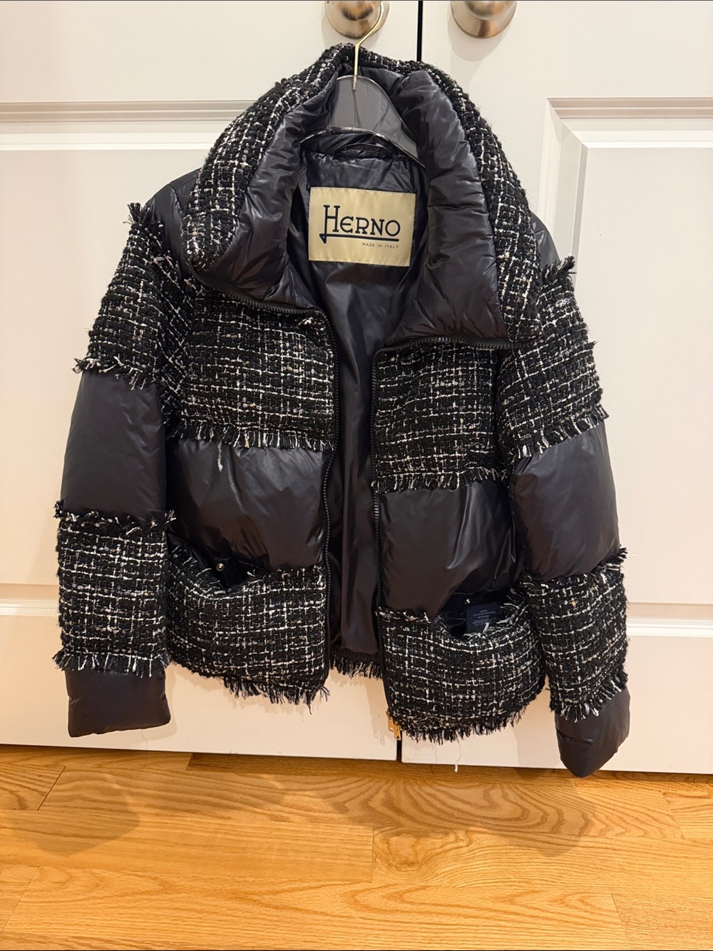 Herno Black Tweed & Nylon Quilted Puffer Jacket